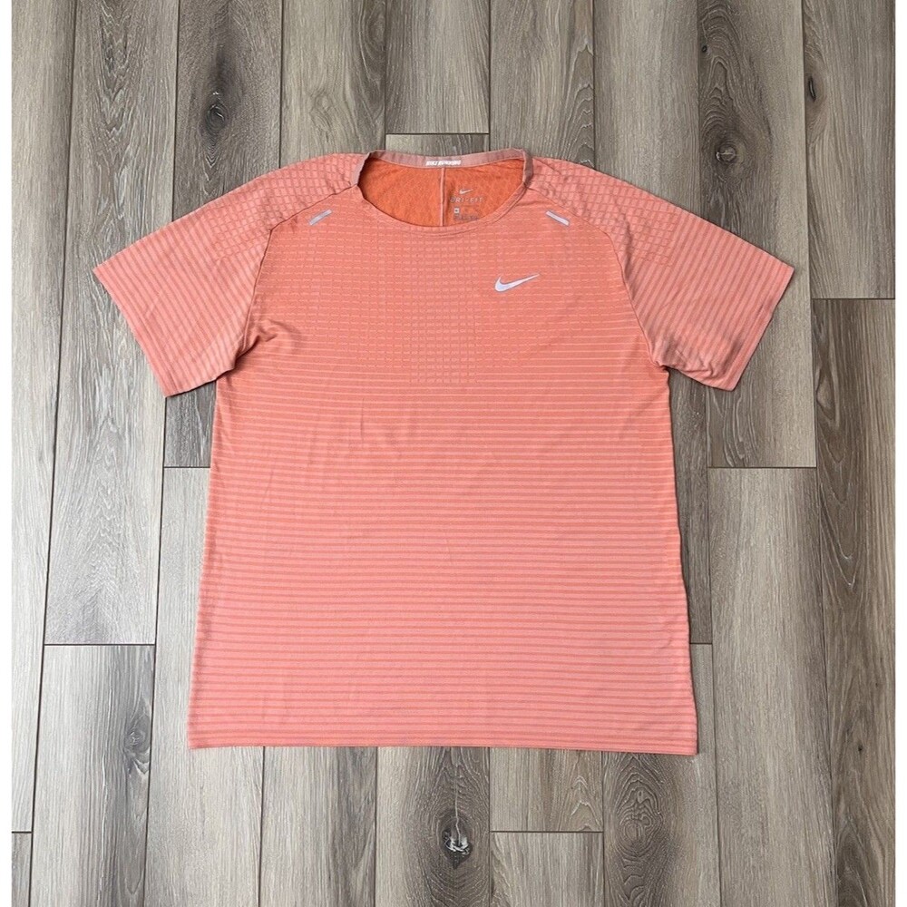 Nike Running T Shirt Mens Sz XL Salmon Striped Dri Fit Crew Neck Performance